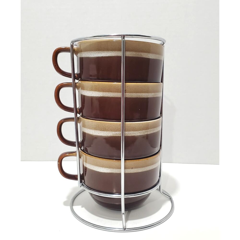 Pier 1 Imports 4 Brown White Stackable Stoneware Mugs with Metal Stand Holder